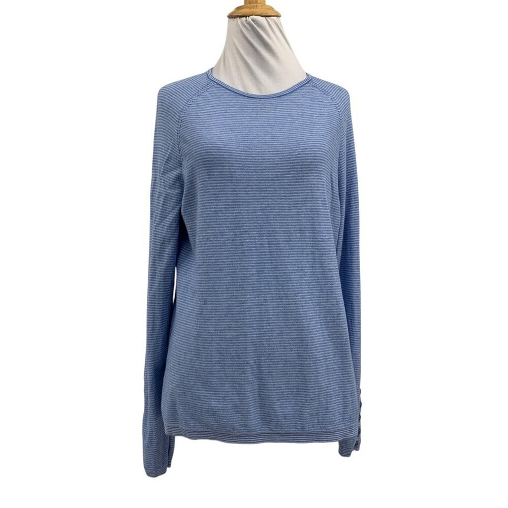 J Mclaughlin Sweater Womens L Large Baby Blue White Jamey Stripe Button Sleeves